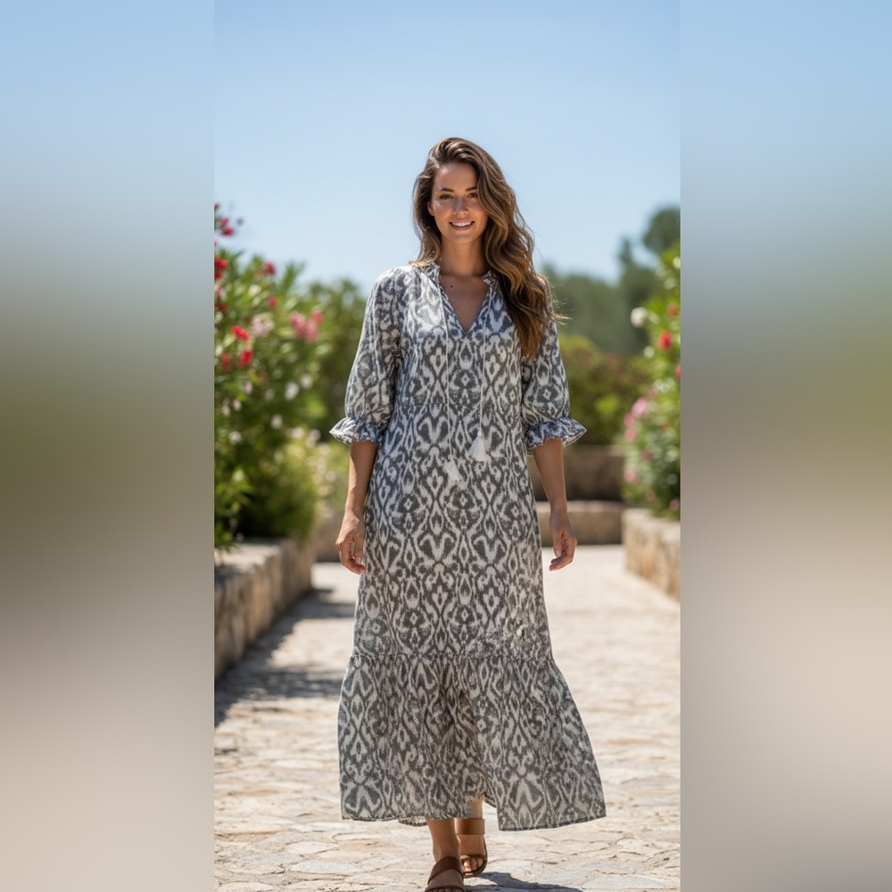 Noracora Gray & White Boho Maxi Dress with Tassels Medium